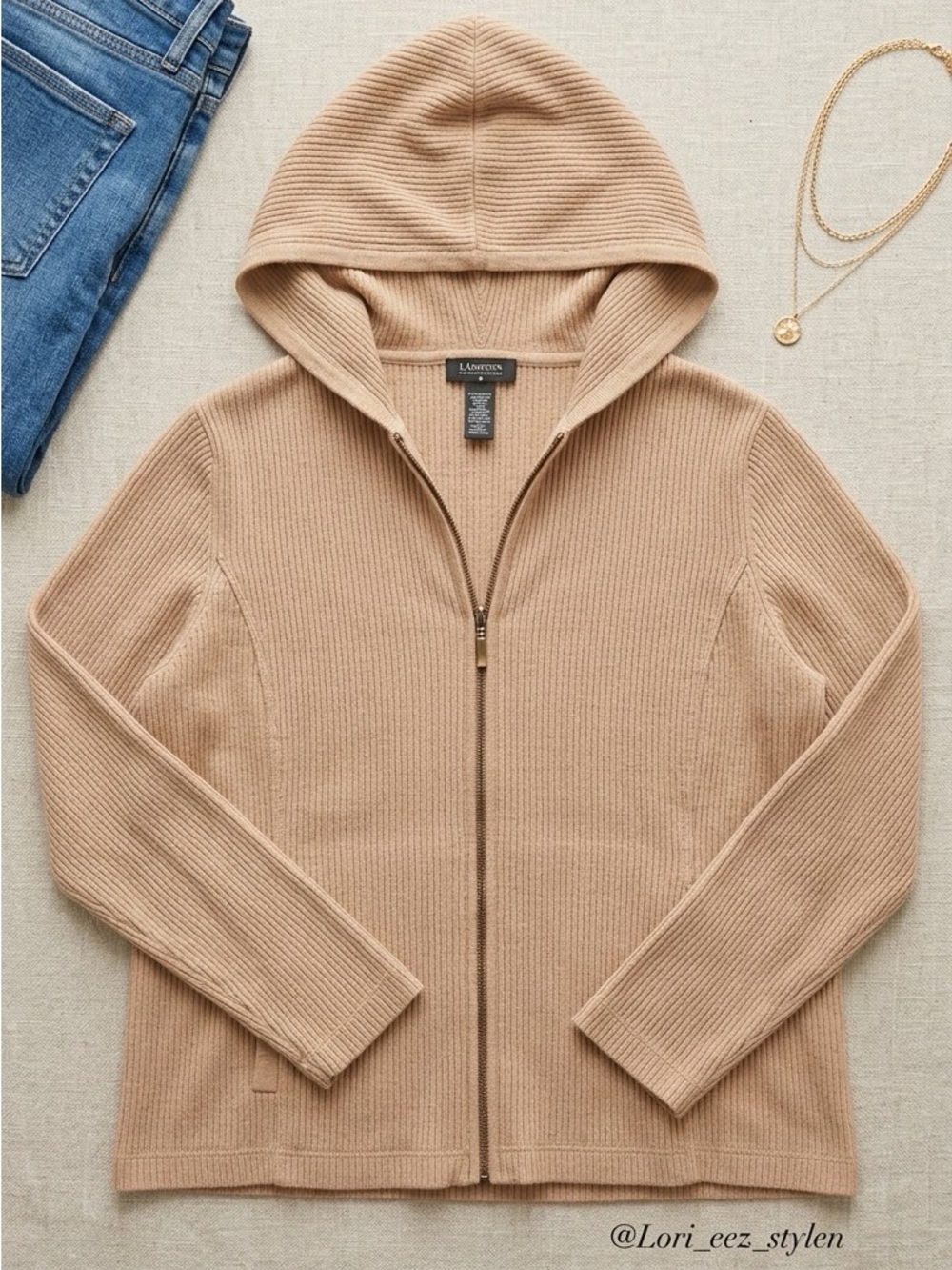 Vintage Y2K Lauren Ralph Lauren Ribbed Hooded Zip Jacket in Beige